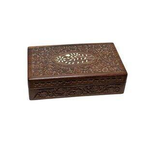Vintage Hand-Carved Wooden Jewelry Box With Floral Inlay -Trinket Keepsake Stora